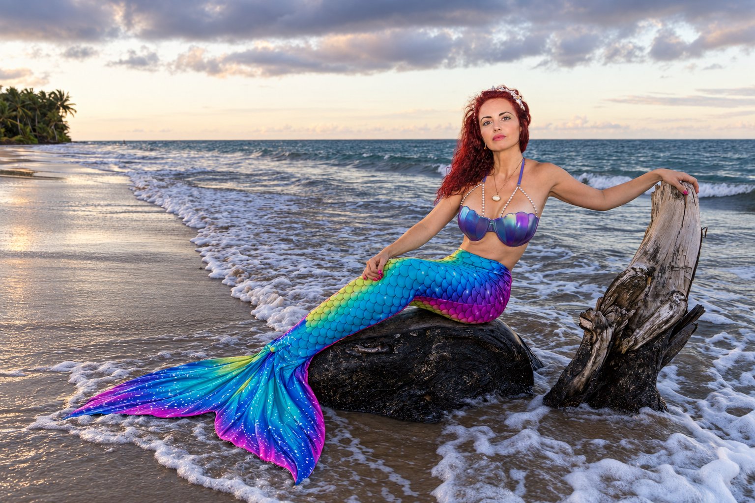 Mermaid tail on the beach at golden hour in Puerto Rico