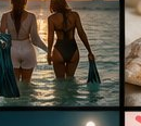 Three women of the pod together in the ocean at sunset in Puerto Rico